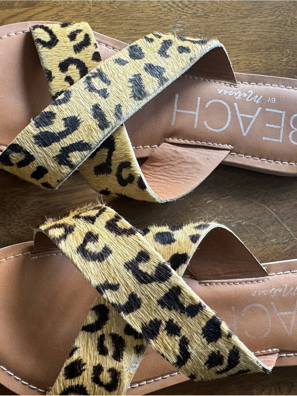 Leopard Print cowhide Cross-Strap Slide Sandals - Tan/Black